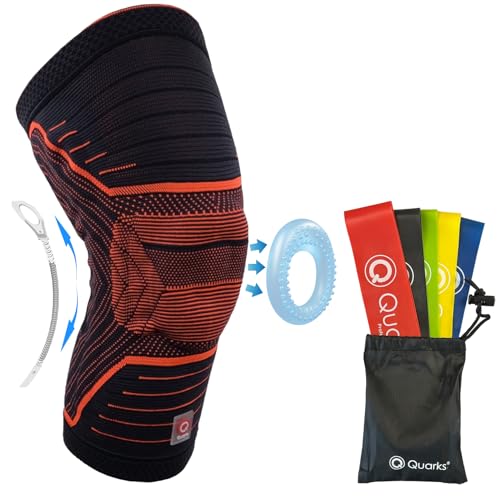 QUARKS Knee Brace and Resistance Bands - Knee Pain Men & Women, Compression Knee Sleeve for Knee Pain Relief Set, Knee Support with Side Stabilizers, Knee Protector for Sports, Runner, Meniscus Tear, ACL,PCL,Arthritis and Fit Simplify Resistance Loop Exer
