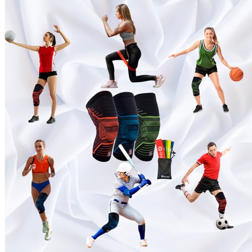 QUARKS Knee Brace and Resistance Bands - Knee Pain Men & Women, Compression Knee Sleeve for Knee Pain Relief Set, Knee Support with Side Stabilizers, Knee Protector for Sports, Runner, Meniscus Tear, ACL,PCL,Arthritis and Fit Simplify Resistance Loop Exer